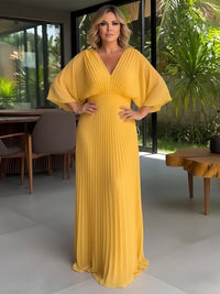 Long Sleeves V Neck Chiffon Pleated A Line Mother of the Bride Dresses