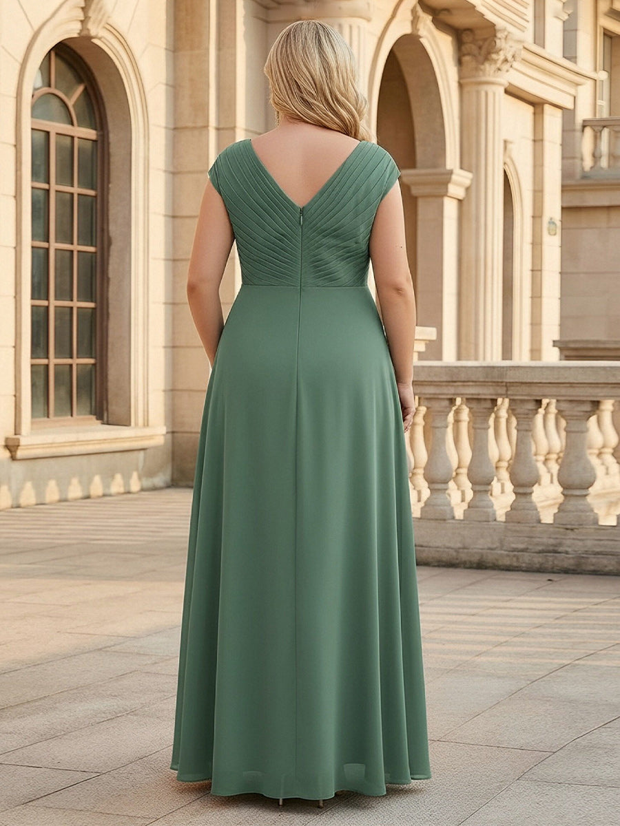 Lace Appliques V Neck Chiffon Pleated A Line Mother of the Bride Dresses with Slit