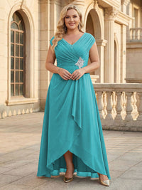 Lace Appliques V Neck Chiffon Pleated A Line Mother of the Bride Dresses with Slit