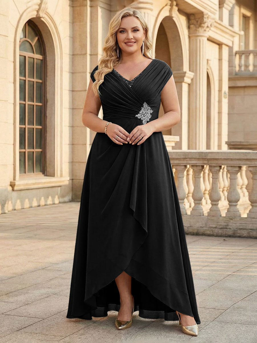 Lace Appliques V Neck Chiffon Pleated A Line Mother of the Bride Dresses with Slit