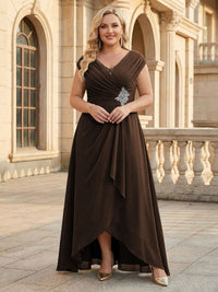 Lace Appliques V Neck Chiffon Pleated A Line Mother of the Bride Dresses with Slit