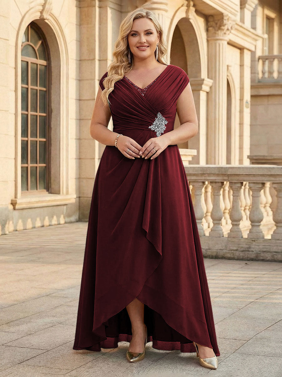 Lace Appliques V Neck Chiffon Pleated A Line Mother of the Bride Dresses with Slit