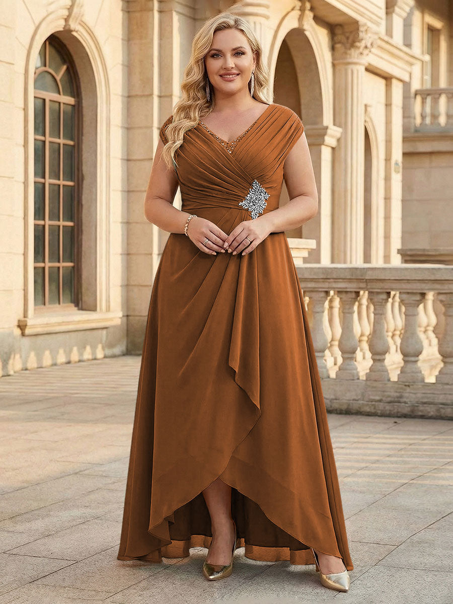 Lace Appliques V Neck Chiffon Pleated A Line Mother of the Bride Dresses with Slit