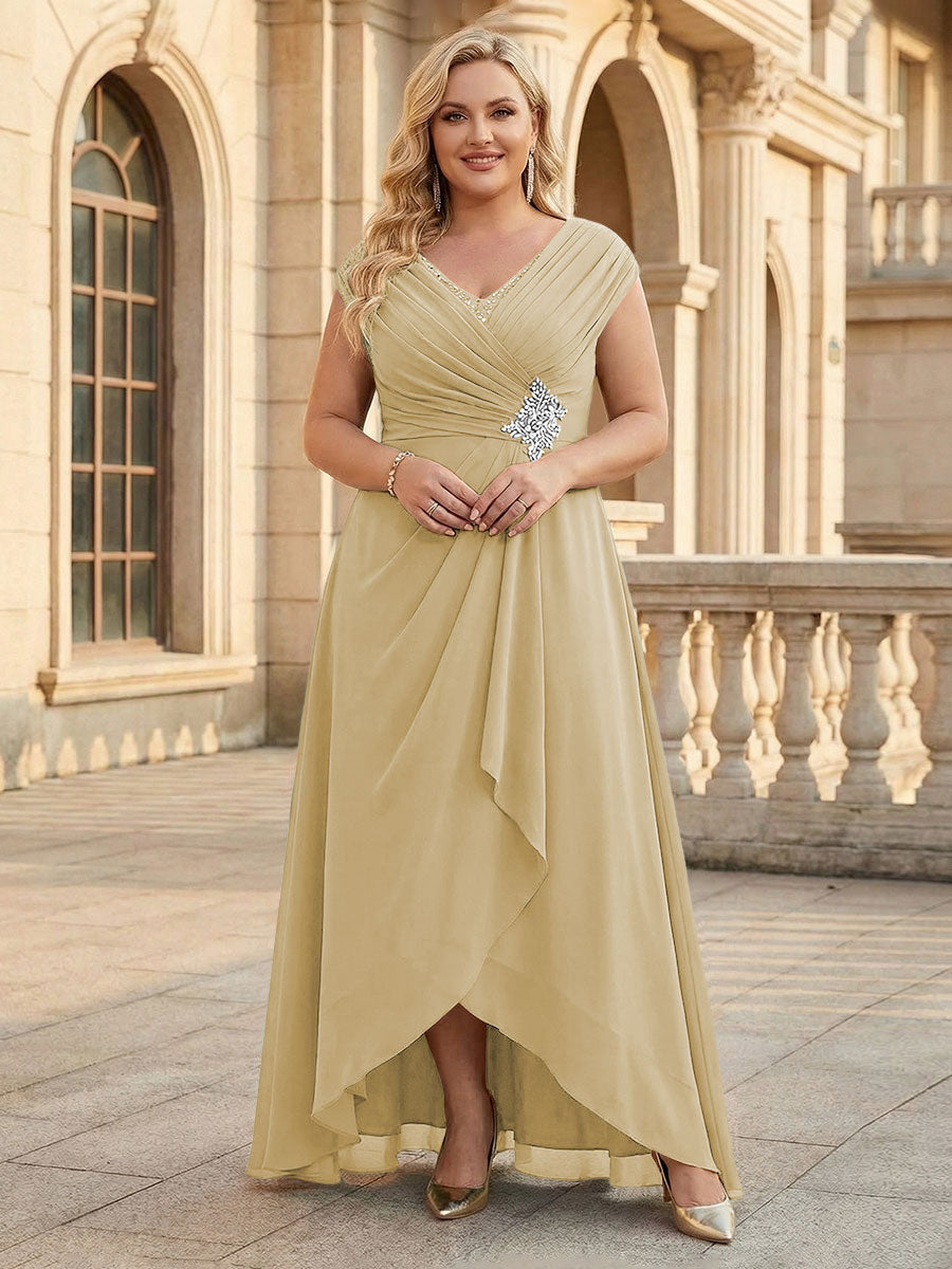 Lace Appliques V Neck Chiffon Pleated A Line Mother of the Bride Dresses with Slit