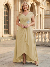 Lace Appliques V Neck Chiffon Pleated A Line Mother of the Bride Dresses with Slit