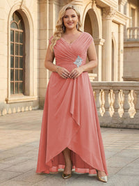 Lace Appliques V Neck Chiffon Pleated A Line Mother of the Bride Dresses with Slit