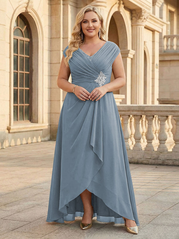 Lace Appliques V Neck Chiffon Pleated A Line Mother of the Bride Dresses with Slit