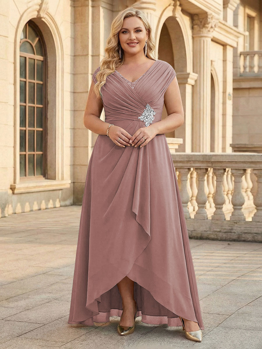 Lace Appliques V Neck Chiffon Pleated A Line Mother of the Bride Dresses with Slit