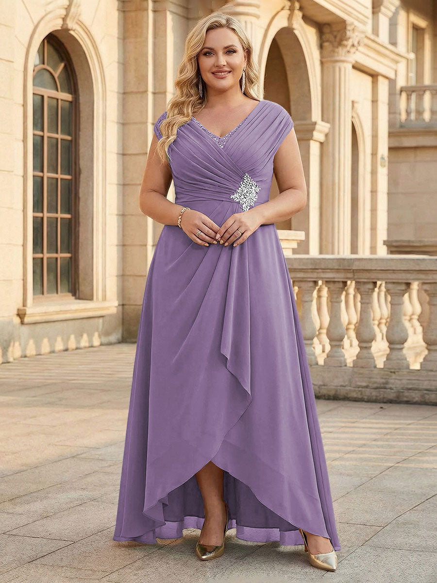Lace Appliques V Neck Chiffon Pleated A Line Mother of the Bride Dresses with Slit