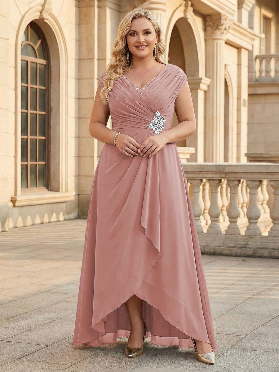 Lace Appliques V Neck Chiffon Pleated A Line Mother of the Bride Dresses with Slit