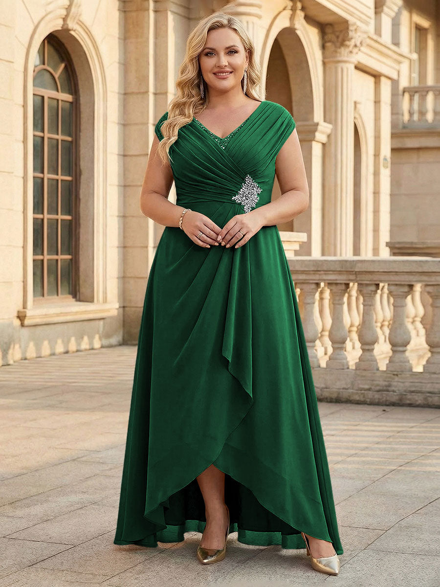 Lace Appliques V Neck Chiffon Pleated A Line Mother of the Bride Dresses with Slit