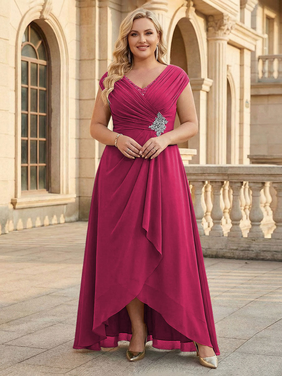 Lace Appliques V Neck Chiffon Pleated A Line Mother of the Bride Dresses with Slit