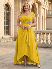 Lace Appliques V Neck Chiffon Pleated A Line Mother of the Bride Dresses with Slit