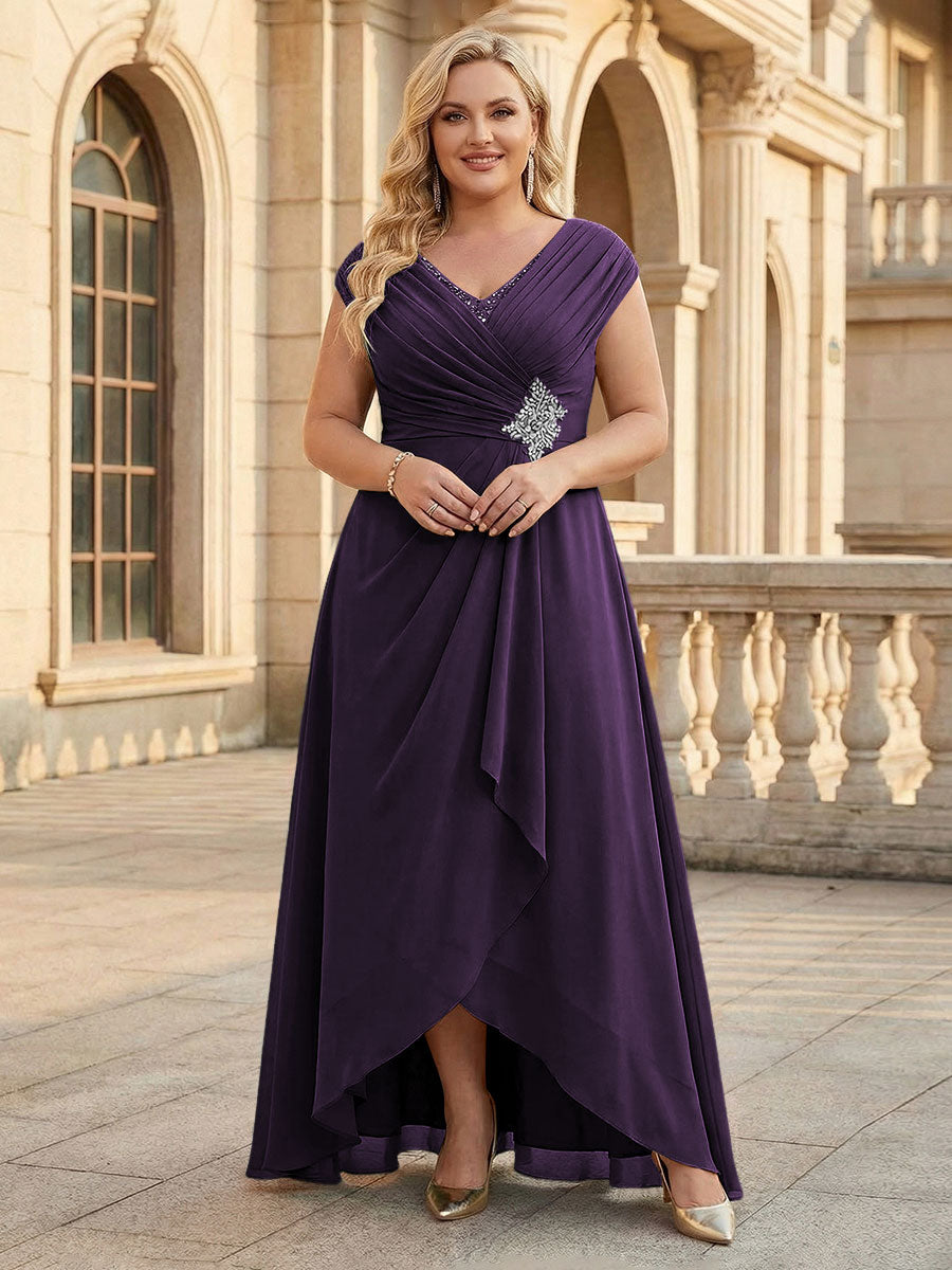 Lace Appliques V Neck Chiffon Pleated A Line Mother of the Bride Dresses with Slit