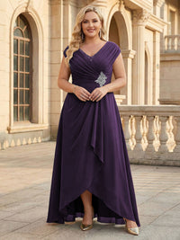 Lace Appliques V Neck Chiffon Pleated A Line Mother of the Bride Dresses with Slit