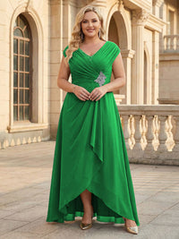 Lace Appliques V Neck Chiffon Pleated A Line Mother of the Bride Dresses with Slit