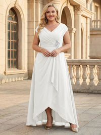Lace Appliques V Neck Chiffon Pleated A Line Mother of the Bride Dresses with Slit