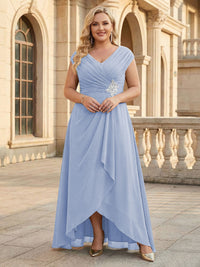 Lace Appliques V Neck Chiffon Pleated A Line Mother of the Bride Dresses with Slit