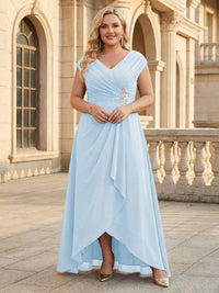 Lace Appliques V Neck Chiffon Pleated A Line Mother of the Bride Dresses with Slit