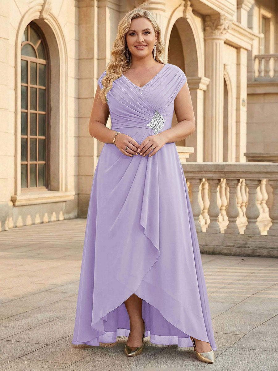 Lace Appliques V Neck Chiffon Pleated A Line Mother of the Bride Dresses with Slit