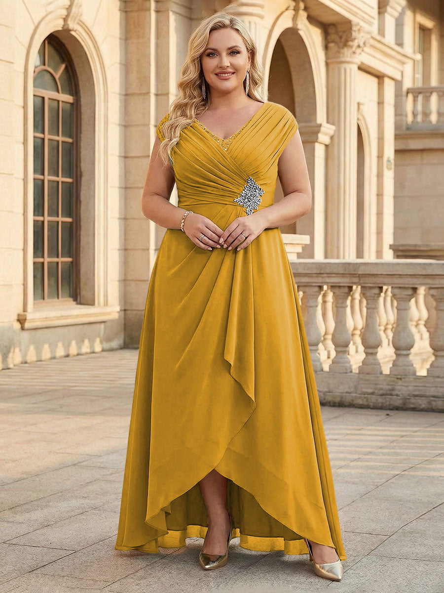 Lace Appliques V Neck Chiffon Pleated A Line Mother of the Bride Dresses with Slit