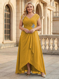 Lace Appliques V Neck Chiffon Pleated A Line Mother of the Bride Dresses with Slit