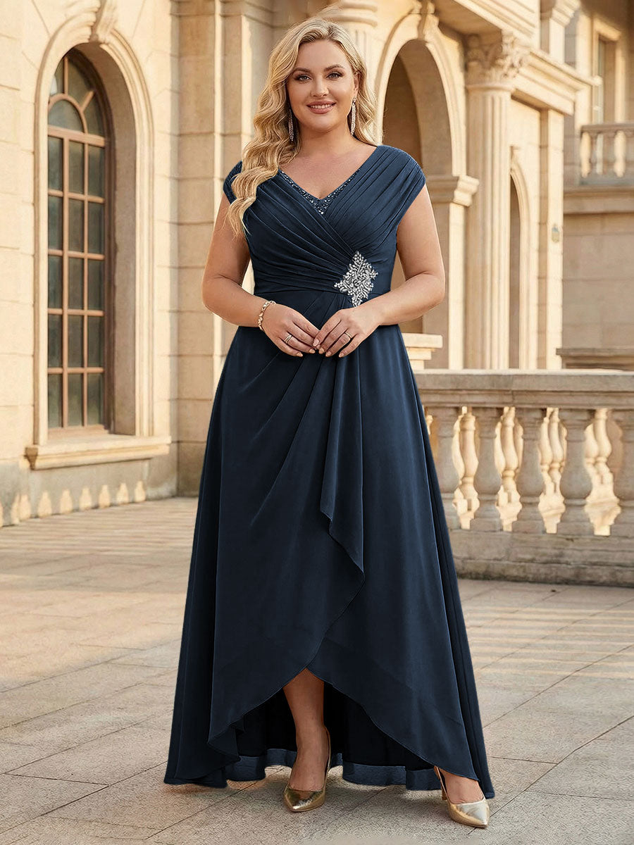 Lace Appliques V Neck Chiffon Pleated A Line Mother of the Bride Dresses with Slit