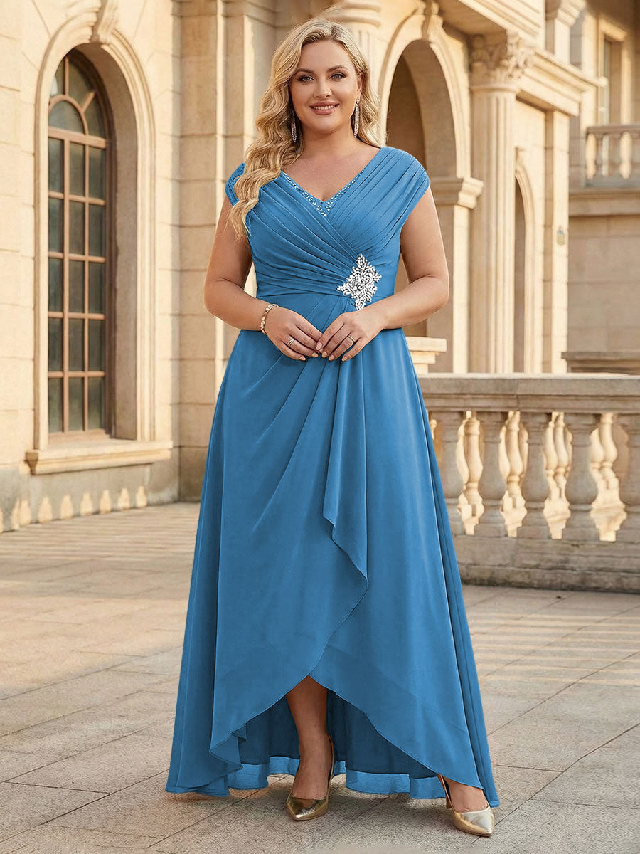 Lace Appliques V Neck Chiffon Pleated A Line Mother of the Bride Dresses with Slit