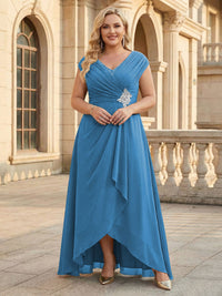Lace Appliques V Neck Chiffon Pleated A Line Mother of the Bride Dresses with Slit
