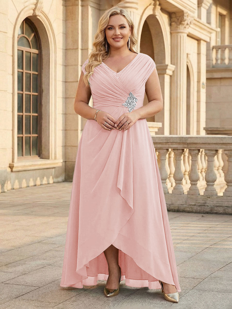 Lace Appliques V Neck Chiffon Pleated A Line Mother of the Bride Dresses with Slit