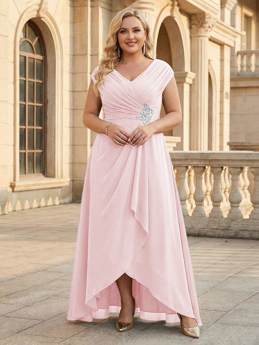 Lace Appliques V Neck Chiffon Pleated A Line Mother of the Bride Dresses with Slit