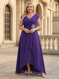 Lace Appliques V Neck Chiffon Pleated A Line Mother of the Bride Dresses with Slit