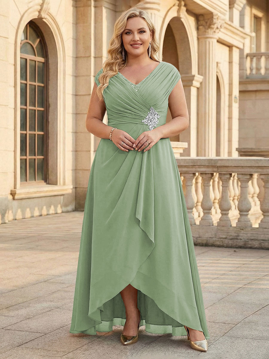 Lace Appliques V Neck Chiffon Pleated A Line Mother of the Bride Dresses with Slit