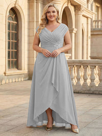 Lace Appliques V Neck Chiffon Pleated A Line Mother of the Bride Dresses with Slit