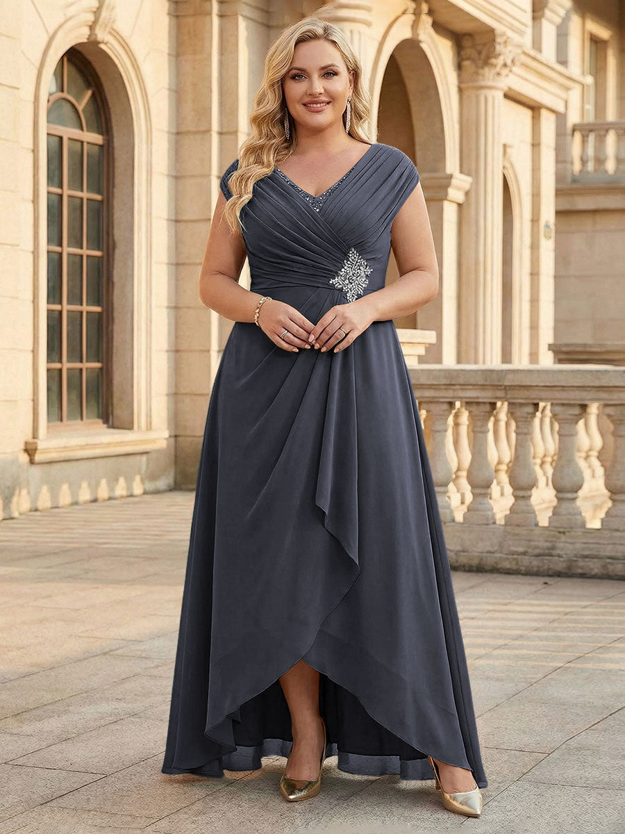 Lace Appliques V Neck Chiffon Pleated A Line Mother of the Bride Dresses with Slit