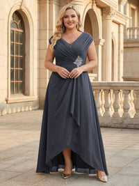 Lace Appliques V Neck Chiffon Pleated A Line Mother of the Bride Dresses with Slit