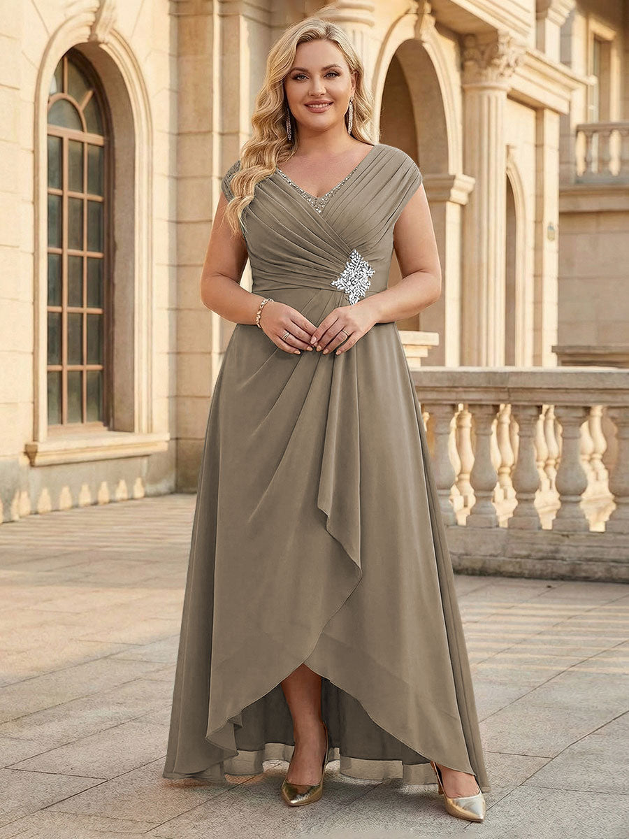 Lace Appliques V Neck Chiffon Pleated A Line Mother of the Bride Dresses with Slit