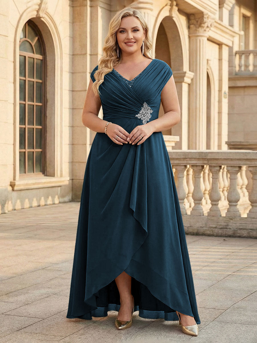 Lace Appliques V Neck Chiffon Pleated A Line Mother of the Bride Dresses with Slit