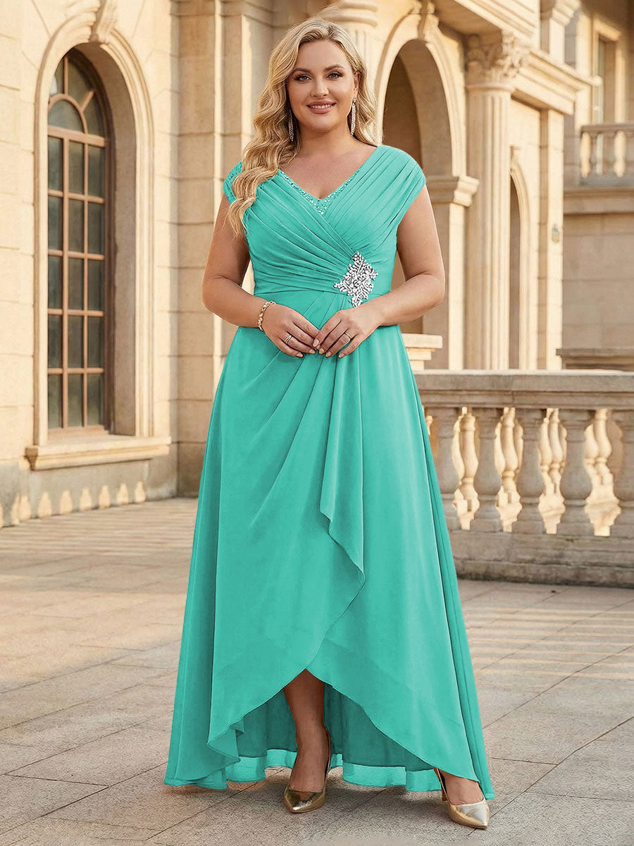 Lace Appliques V Neck Chiffon Pleated A Line Mother of the Bride Dresses with Slit