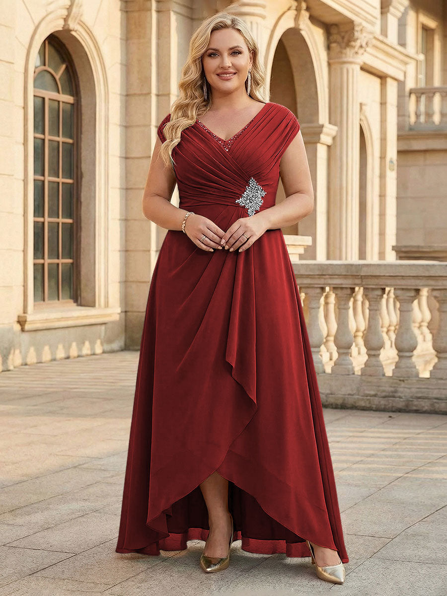 Lace Appliques V Neck Chiffon Pleated A Line Mother of the Bride Dresses with Slit