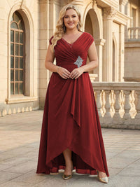 Lace Appliques V Neck Chiffon Pleated A Line Mother of the Bride Dresses with Slit