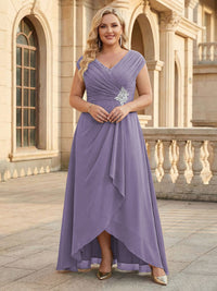 Lace Appliques V Neck Chiffon Pleated A Line Mother of the Bride Dresses with Slit