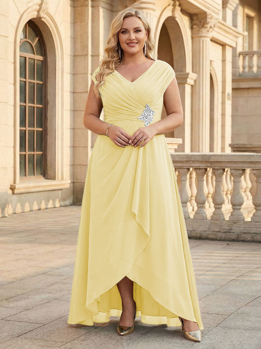Lace Appliques V Neck Chiffon Pleated A Line Mother of the Bride Dresses with Slit