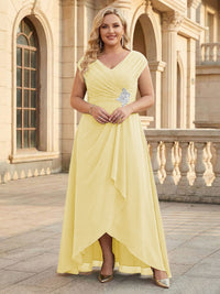Lace Appliques V Neck Chiffon Pleated A Line Mother of the Bride Dresses with Slit
