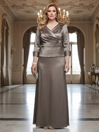 Satin 2 Pieces A Line Pleated V Neck Mother of the Bride Dresses