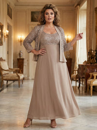 Sparkly 2 Pieces Chiffon Round Neck Mother of the Bride Dresses with Cap