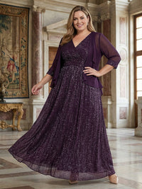 2 Pieces Sequin V Neck Mother of the Bride Dresses with Cap