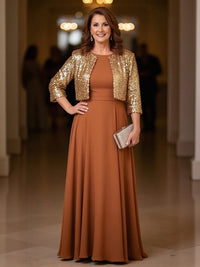 Sparkly 2 Pieces Chiffon Round Neck Mother of the Bride Dresses with Cap