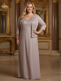 Satin Lace Appliques 2 Pieces V Neck Mother of the Bride Dresses with Cap