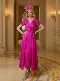 Satin V Neck Corset A Line Mother of the Bride Dresses